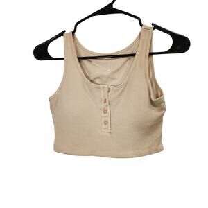 Klassy Network Beige Waffle Knit Lounge Ultra Crop Henley Tank Top Brami Medium